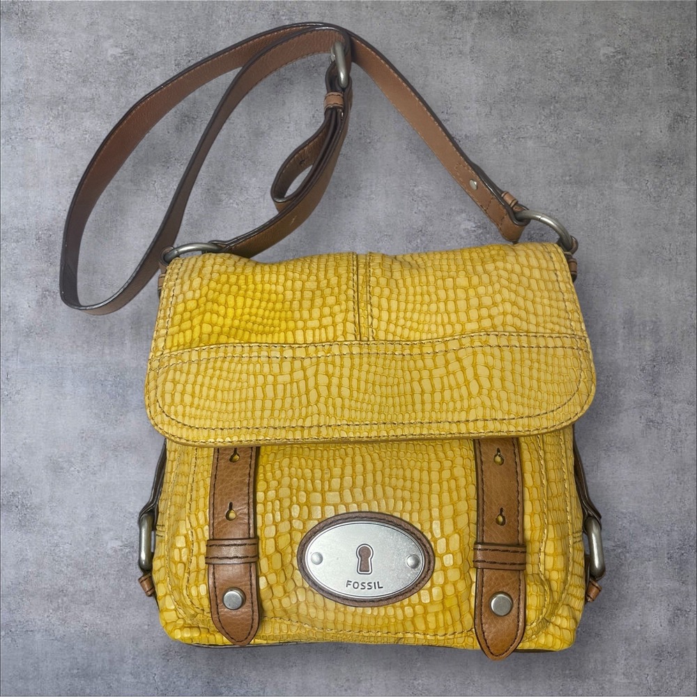 Vintage Fossil Yellow Leather Crossbody Shoulder Bag Croc Embossed Front Flap